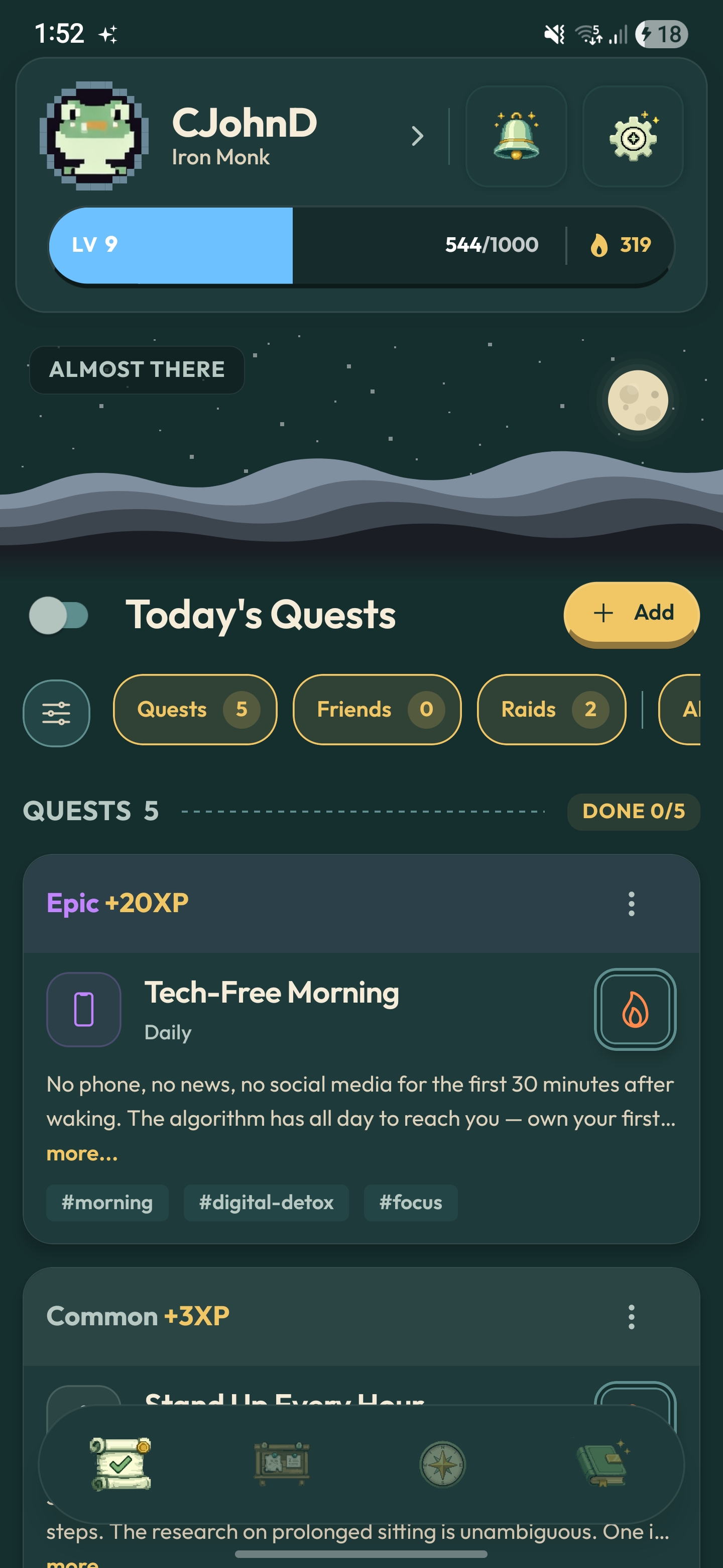 CheckMate home screen with daily habits presented as quests and an XP progress bar