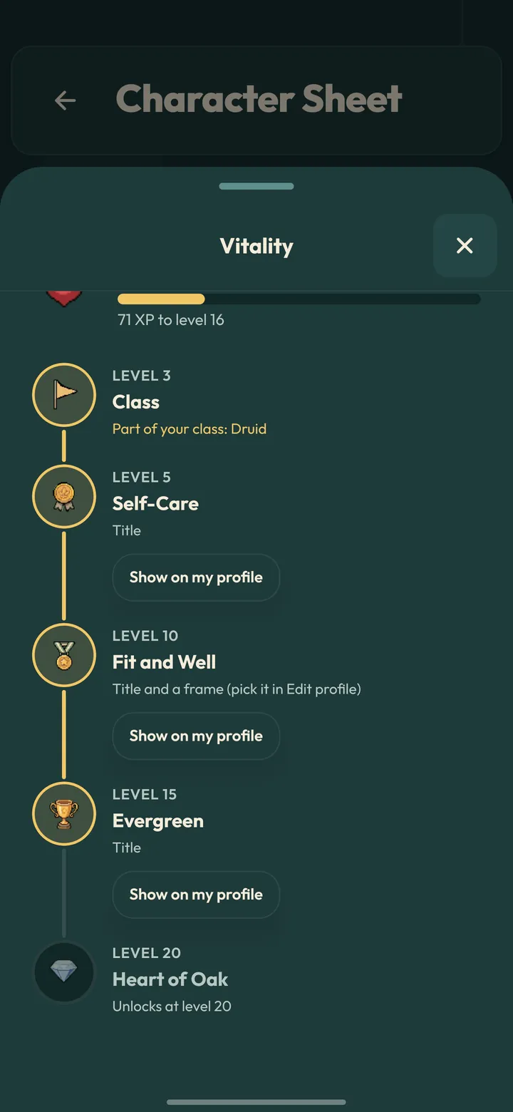 CheckMate attribute tree for Vitality, with the class at level 3 and titles at levels 5, 10, 15 and 20